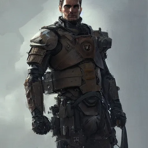 Image similar to portrait of a man by greg rutkowski, he looks like henry cavill, he is wearing a dieselpunk tactical armor gear, highly detailed portrait, digital painting, artstation, concept art, smooth, sharp foccus ilustration, artstation hq