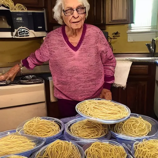 Prompt: grandma hanging out with tons of spaghetti, hoarder house full of spaghetti - n 9