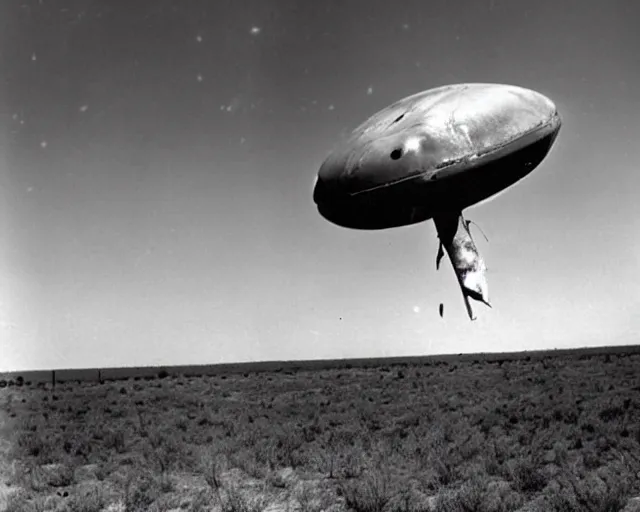 Prompt: a sophisicated alien spacecraft, crashed in roswell, 1947, early black and white photo, yellowed with age, cdx