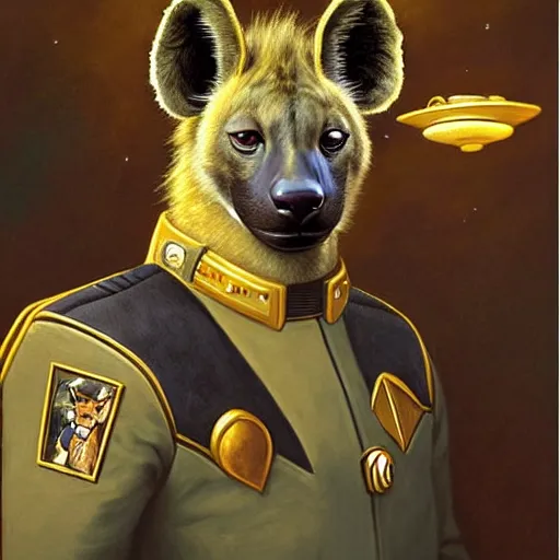 Image similar to a portrait of a hyena hyenaman canine star trek in a starfleet uniform chief engineer. zootopia fursona furaffinity highly detailed painting by gaston bussiere craig mullins jc leyendecker gustav klimt artgerm greg rutkowski furry