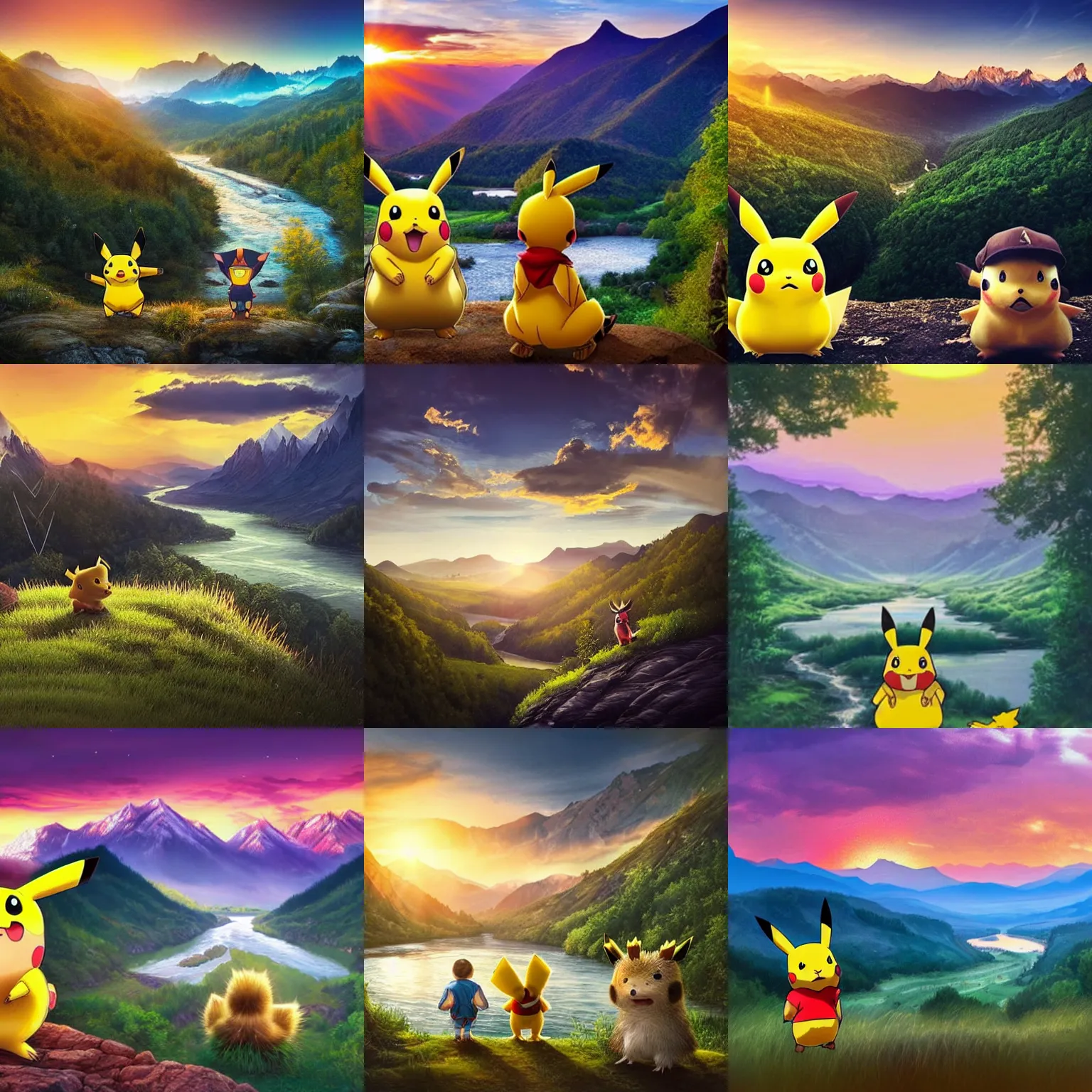 Prompt: A majestic landscape featuring a river, mountains and a forest. There is an pikachu with a hedgehog standing next to him. They are both staring at the sunset, Cinematic, very beautiful, award winning photo