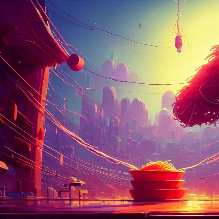 Prompt: giant boil of spaghetti flying in the air, Magnificent super wide angle,high quality, 8k,high resolution, city landscape, side scrolling, 4K, Retrofuturism,by makoto shinkai,Anton Fadeev, thomas kinkade,greg rutkowski