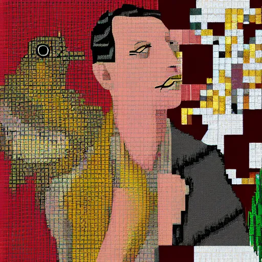 Prompt: by cecil beaton pixel art highly detailed. a collage of a man, with an animal skull for a head, & a large bird perched on his shoulder. the man is looking up at the bird with a fierce expression, & the bird is looking back at him with an equally intense gaze.