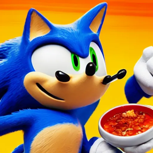 Prompt: Sonic the Hedgehog eating pozole