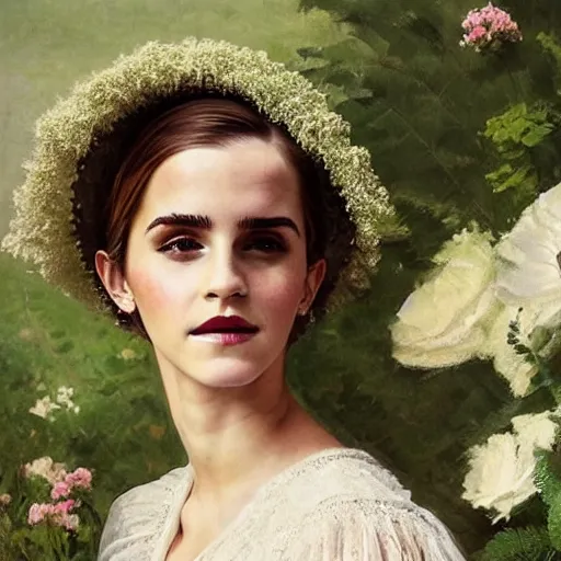 Prompt: on textured canvas full body fashion model emma watson by Winslow Homer smokey eyes makeup eye shadow fantasy, glow, shimmer as victorian woman in a long white frilly lace dress and a large white hat having tea in a sunroom filled with flowers, roses and lush fern flowers ,intricate, night, highly detailed, dramatic lighting , high quality