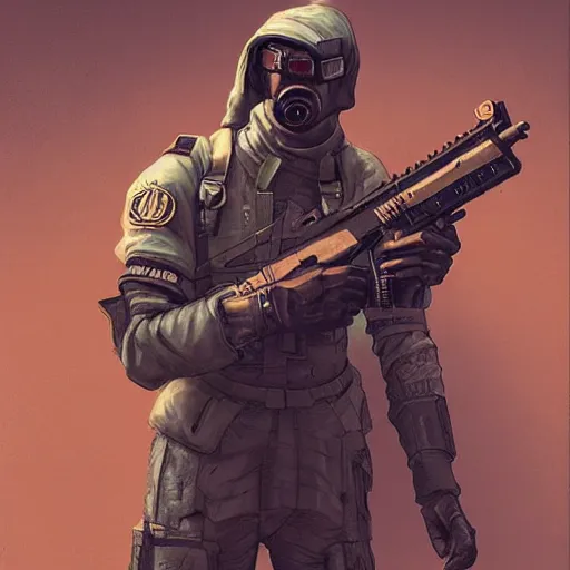 Image similar to cyberpunk soldier in tactical gear with a rifle, Industrial Scifi, detailed illustration, Chiaroscuro, concept art, by Martin Grip and Moebius