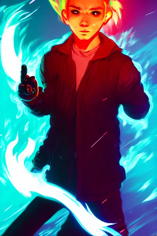 Image similar to character art by liam wong, young man, blonde hair, on fire, fire powers