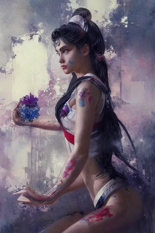 Prompt: an epic painting of sailor moon as a real girl, oriental tattoos, realism, dramatic, intricate, by jeremy mann and greg rutkowski, trending on artstation, oil on canvas