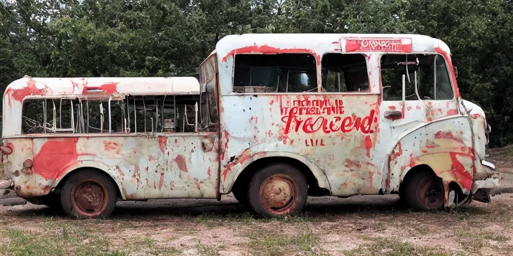 Image similar to an abandoned ice cream truck from the 6 0 s, with the words free ice cream and a logo for the ice cream company algida