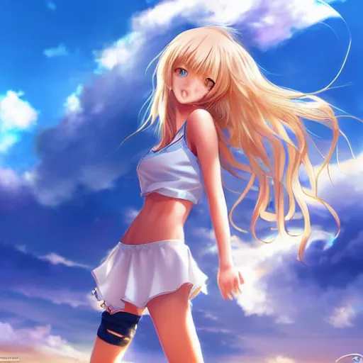 Image similar to a very beautiful young anime basketball girl, full body, long wavy blond hair, sky blue eyes, full round face, short smile, bikini, miniskirt, highly detailed, cinematic wallpaper by stanley artgerm lau