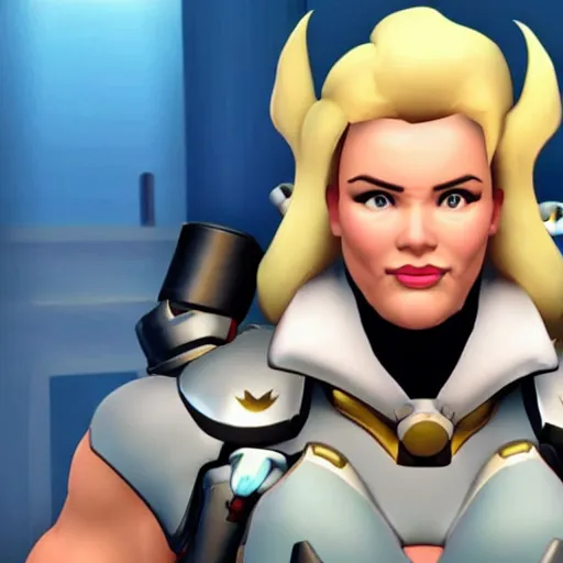 Image similar to a screenshot of arnold schwarzenegger as mercy in overwatch