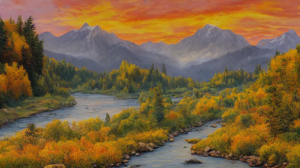 Prompt: The most beautiful panoramic landscape, oil painting, where the mountains are towering over the valley below their peaks shrouded in mist. The sun is just peeking over the horizon producing an awesome flare and the sky is ablaze with warm colors and stratus clouds. The river is winding its way through the valley and the trees are starting to turn yellow and red, by Greg Rutkowski, aerial view