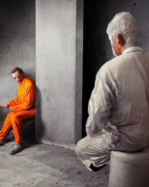 Prompt: a head and shoulders portrait of Donald wearing a orange jumpsuit, sitting on a toilet holding a bible in a filthy rat infested concrete jail In a maximum security prison, dimly lit, volumetric lighting, arney freytag, craig mullins and Annie Leibowitz, octane, 8k,