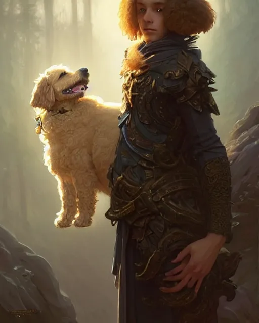 Image similar to A boy and a goldendoodle dog hugging, deep focus, D&D, fantasy, intricate, elegant, highly detailed, digital painting, artstation, concept art, matte, sharp focus, illustration, hearthstone, art by Artgerm and Greg Rutkowski and Alphonse Mucha