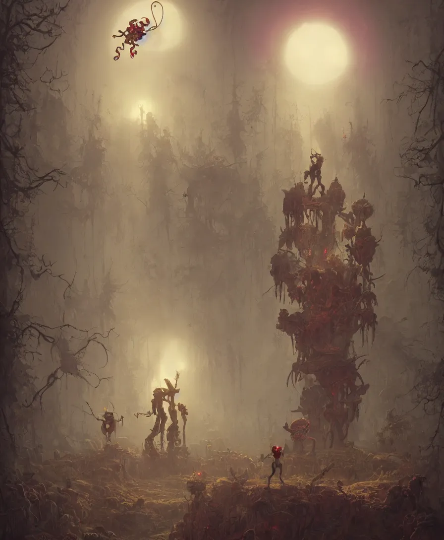 Image similar to skull clown afterlife, illustrated by Simon Stålenhag and Gaston Bussiere, 35mm lens, beautiful volumetric lighting style atmosphere, intricate, ultra detailed, photorealistic, trending on artstation 8k