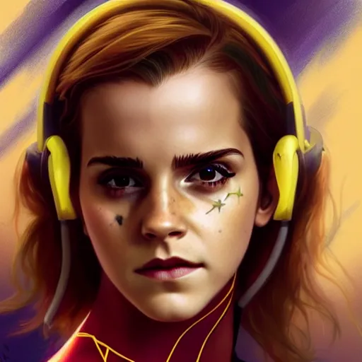 Prompt: beautiful Emma Watson as Kid Flash with lightning bolt headset, western, closeup, D&D, fantasy, intricate, elegant, highly detailed, digital painting, artstation, concept art, matte, sharp focus, illustration, art by Artgerm and Greg Rutkowski and Alphonse Mucha