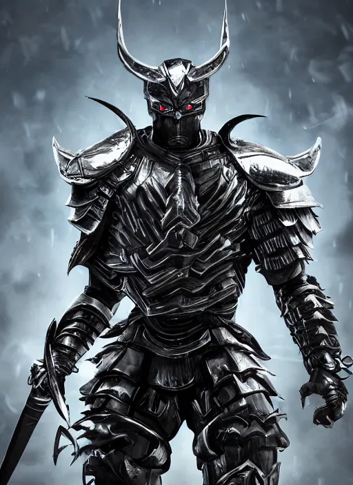 Image similar to An epic fantasy comic book style portrait painting of A black man wearing a silver samurai armor made of blades, Unreal 5, DAZ, hyperrealistic, octane render, cosplay, RPG portrait, dynamic lighting