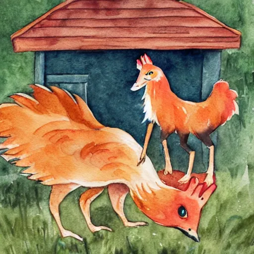 Image similar to fox dancing with a chicken in a hen house, watercolor illustration,