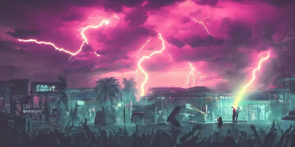 Image similar to Lightning storm while rapper performs on stage, digital art, vapor wave, hip hop, blade runner, trending on Artstation, professional artist, detailed, 4k