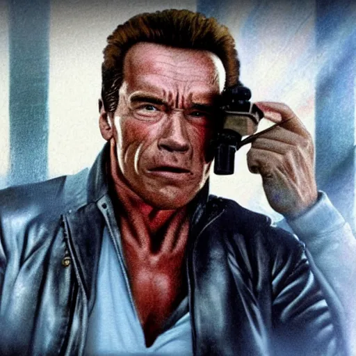 Image similar to A realistic photograph of Arnold Schwarzenegger as terminator riding a skateboard, smoking a pipe, gloomy, action, ambient lighting,