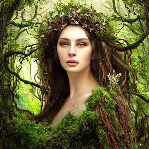 Image similar to Head and shoulders masterpiece portrait of the beautiful goddess Lana Rhoades as dryad, she has those characteristic sparkling green eyes, she is looking straight to the camera, she has a glow coming from her, she is getting illuminated for rays of light, behind is an ancient forest full of life, she is posing, the photo was taking by Annie Leibovitz, matte painting, oil painting, naturalism, 4k, 8k