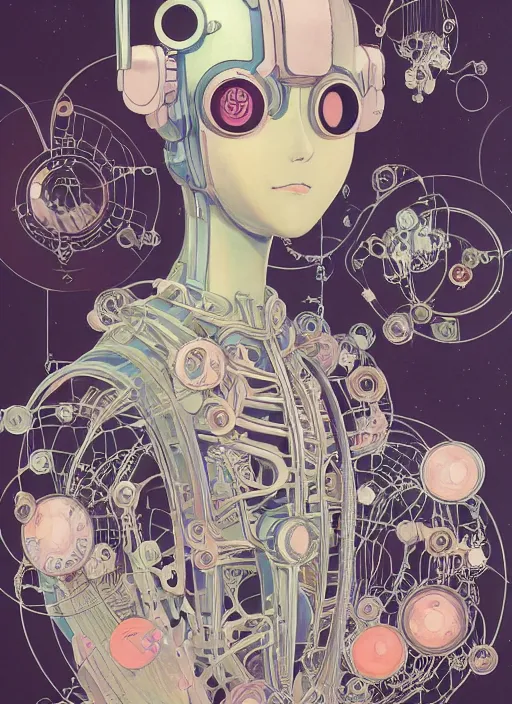 Prompt: an art nouveau kawaii gouache painting, by yoshitaka amano, by Victo Ngai, by shaun tan, by good smile company, detailed anime 3D render of an attractive male modular mechanical android, portrait, cgsociety, artstation, modular art nouveau mechanical costume and headpiece, futuristic setting bokeh depth of field