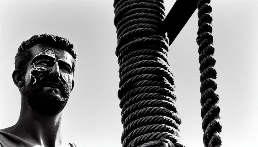 Image similar to 1 9 6 0 s movie still close - up of marcus atilius regulus'face tied with ropes at a pole with wide - open eyes looking directly at the burning sun, his eyes are bleeding intense, cinestill 8 0 0 t 3 5 mm b & w, high quality, heavy grain, high detail, texture, dramatic light