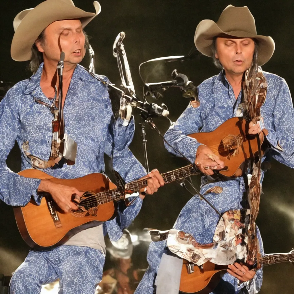 Image similar to dwight yoakam in pajamas singing songs at a campfire