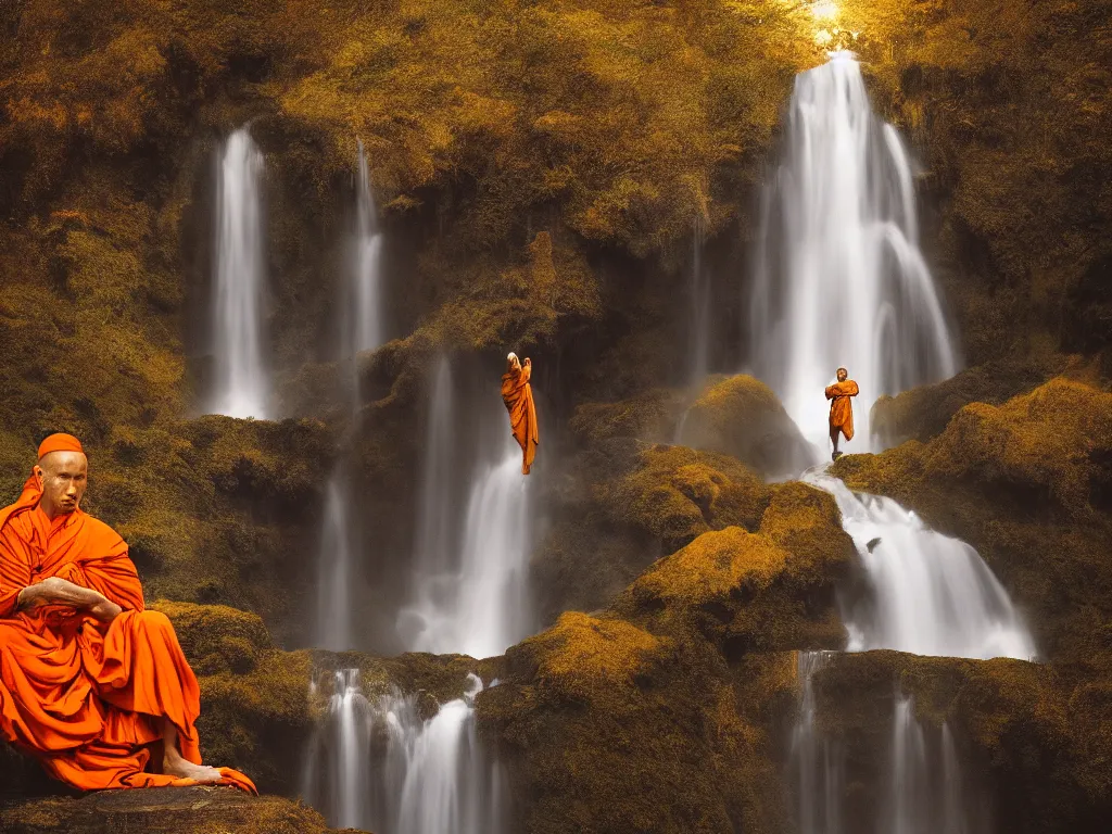 Prompt: dang ngo, annie leibovitz, steve mccurry, a simply breathtaking shot of mediating monk in orange, giantic waterfall, bright moonlight, golden ratio, wide shot, symmetrical