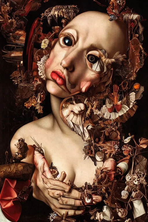 Image similar to Detailed maximalist portrait with large lips and with large, wide eyes, expressive, extra flesh, HD mixed media, 3D collage, highly detailed and intricate, surreal, illustration in the style of Caravaggio, dark art, baroque