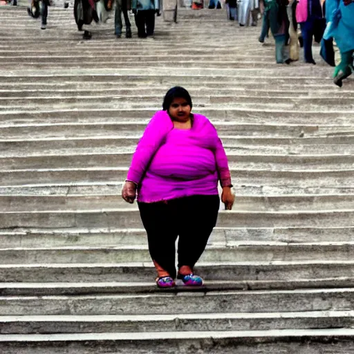 Image similar to an obese Indian woman with rollator climbing steps in Porto