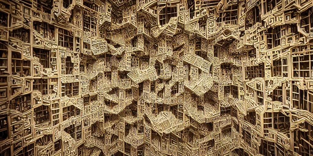 Image similar to endless menger sponge megastructure in the style of mc escher, realistic lighting, very intricate detailed photo, sharp focus, hd, 4 k