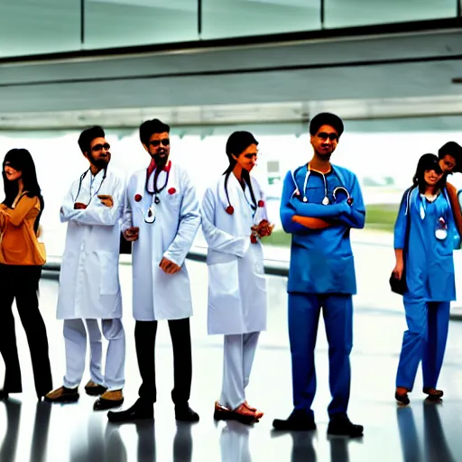 Image similar to Anxious good looking young Indian doctors in American clothes waiting at an airport, by Feng Zhu, highly detailed, excellent composition, cinematic concept art, dramatic lighting, trending on ArtStation