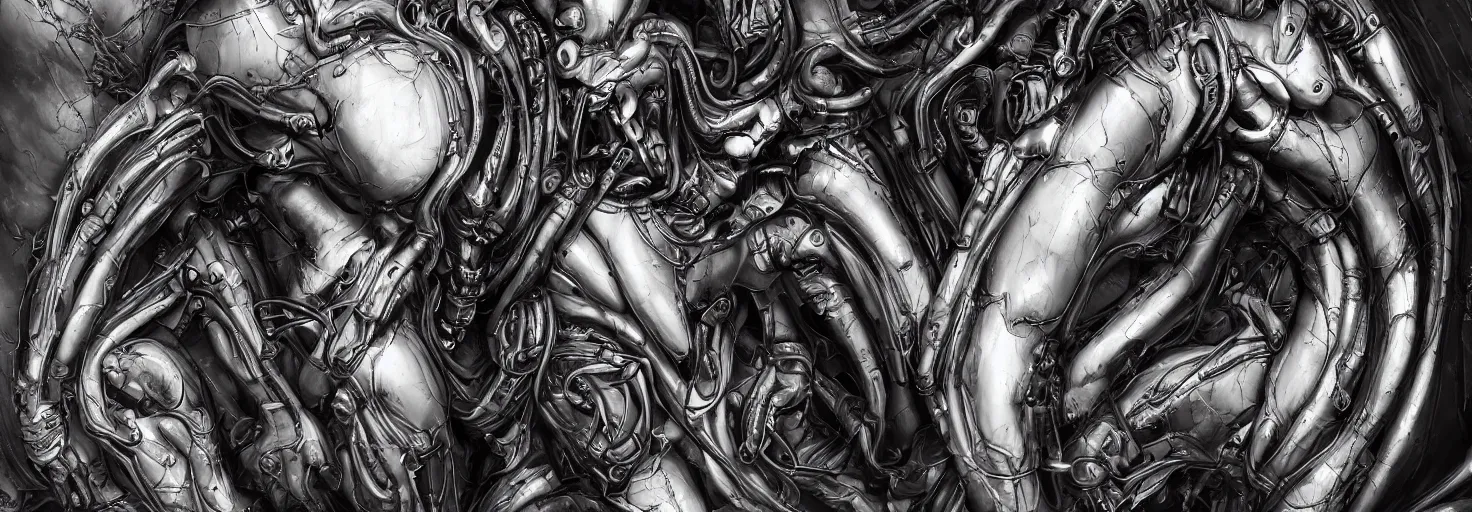 Image similar to engineer prometheus face by Artgerm, xenomorph alien, highly detailed, symmetrical long head, blood color, smooth marble surfaces, detailed ink illustration, raiden metal gear, cinematic smooth stone, deep aesthetic, concept art, post process, 4k, carved marble texture and silk cloth, latex skin, highly ornate intricate details, prometheus, evil, moody lighting, hr geiger, hayao miyazaki, indsutrial Steampunk