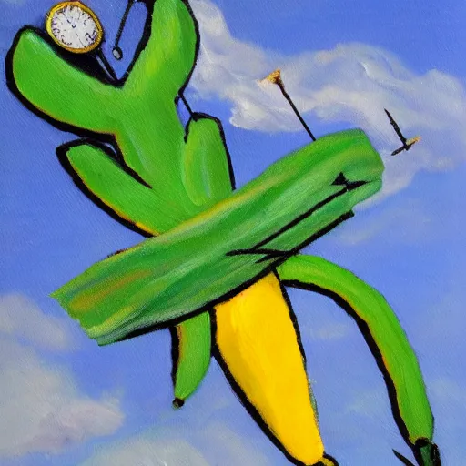 Image similar to oil painting impressionist stopwatch clock and banana arrow flying through the air, ( bugs flies buzzing around ), whimsical, detailed,