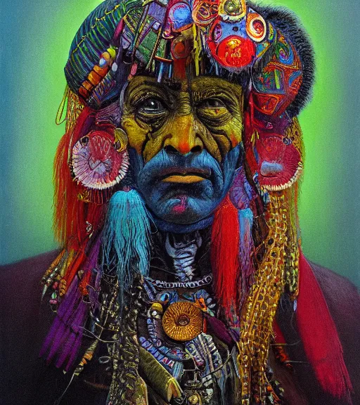 Image similar to Portrait painting in a style of Beksinski mixed with Alex Grey of an old shaman dressed in a colorful traditional clothes.