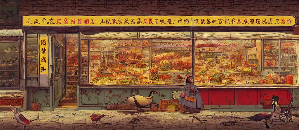 Image similar to a beautiful hyperdetailed render of roasted duck small shop, simple style, from china, with merchant logo, simple structure, surrealistic, chinese style, victo ngai, james jean, denoise, deblurring