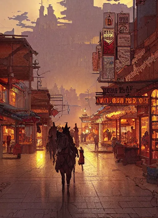 Image similar to beautiful scene commission of a bustling desert western town. Atmospheric. Renowned scene illustration by greg rutkowski, thomas kindkade, alphonse mucha, loish, norman rockwell. detailed, inked, western comic book art