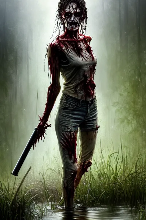 Image similar to full body portrait of walking dead zombie, standing in a pond, soaking wet hair, by terry o'neill intricate, elegant, highly detailed, digital painting, glistening skin, artstation, concept art, smooth, sharp focus, bright lighting, illustration, art by artgerm and greg rutkowski and alphonse mucha, 8 k