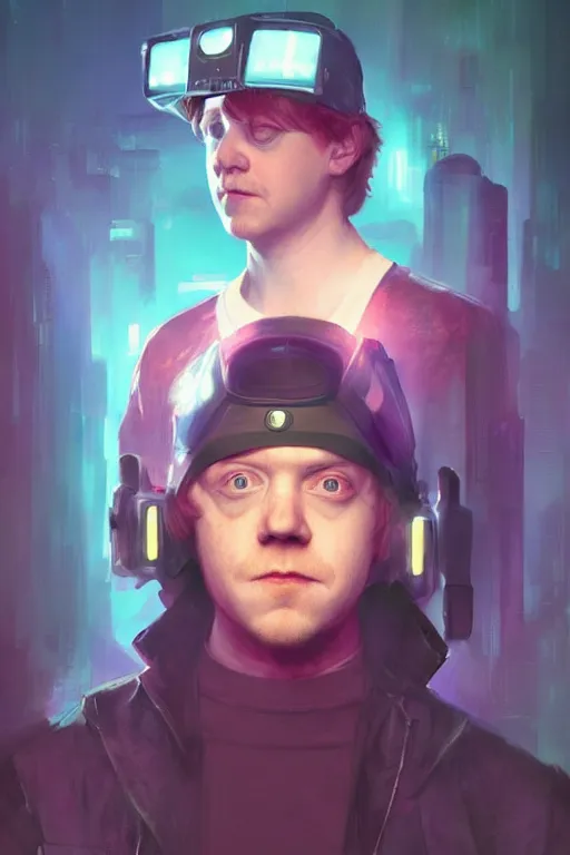 Image similar to portrait of Rupert Grint as Ron Wisly with visor in cyberpunk, neon lighting, night city, digital art from artstation by Ruan Jia and Mandy Jurgens and Artgerm and william-adolphe bouguereau and Greg Rutkowski