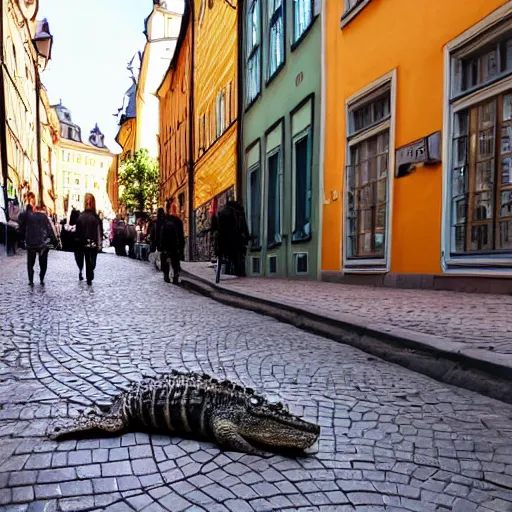 Prompt: a crocodile in the middle of a street in gamla stan, stockholm