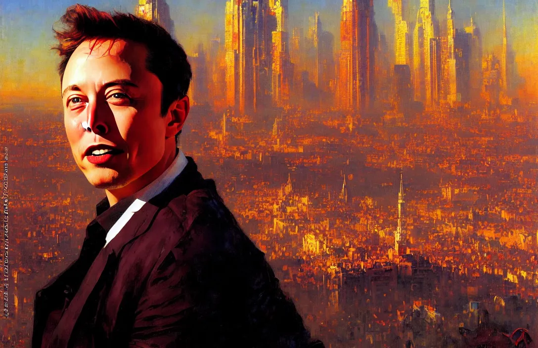 Image similar to portrait of elon musk!!!!!!!!!!!!!!!!!!!!!!!!!!!, detailed face, detailed painting, detailed city background, epic lighting, by ilya repin and phil hale