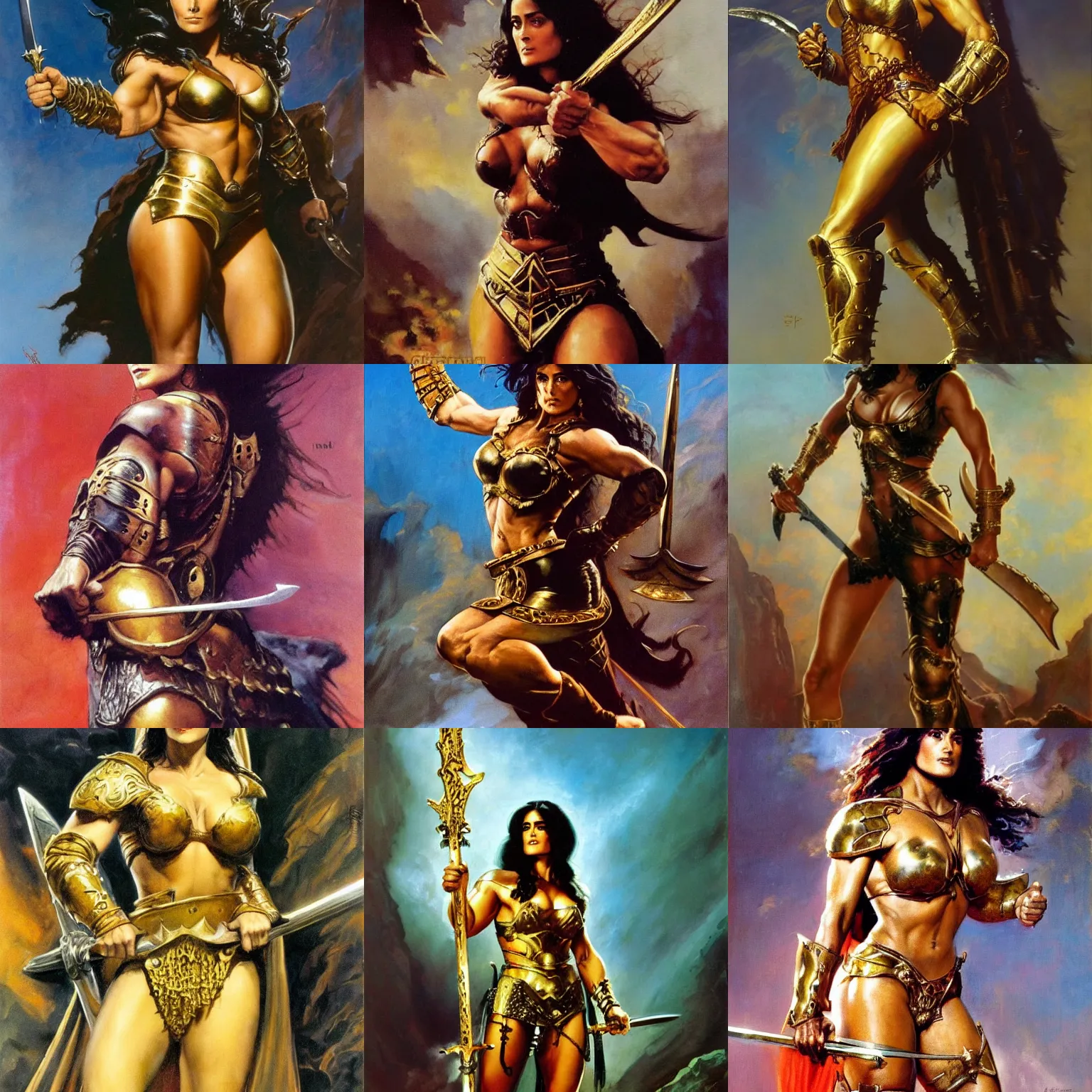 Prompt: A Frank Frazetta oil painting of a beautiful muscular Salma Hayek wearing gold armor holding a large steel sword , dynamic shot , HD 4k , intricate , highly detailed , atmospheric , sharp, uncropped