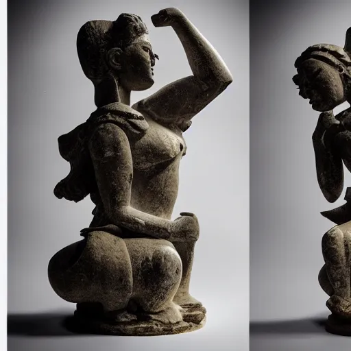 Prompt: studio photography of an ancient idol statue getting smashed into pieces, dramatic lighting