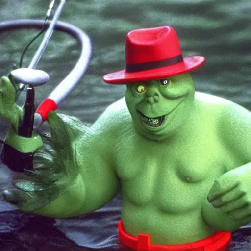 Prompt: slimer from ghostbusters 1 9 8 4 fishing on the bayou
