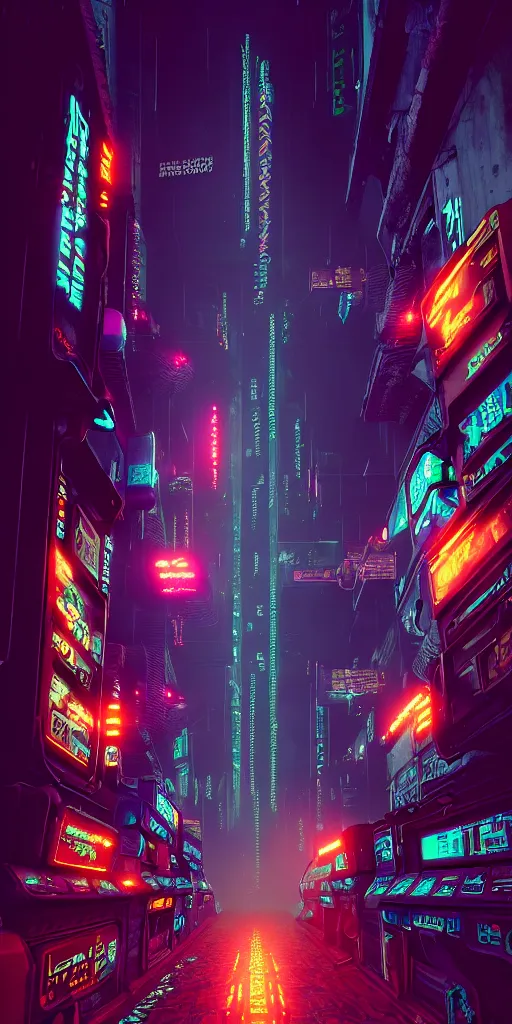 Image similar to epic cyberpunk arcade city : : blade runner, james guilleard, beeple, laurie greasley, dan mcpharlin : : ornate, dynamic, particulate, rich colors, intricate, elegant, highly detailed, centered, artstation, smooth, sharp focus, octane render, 3 d