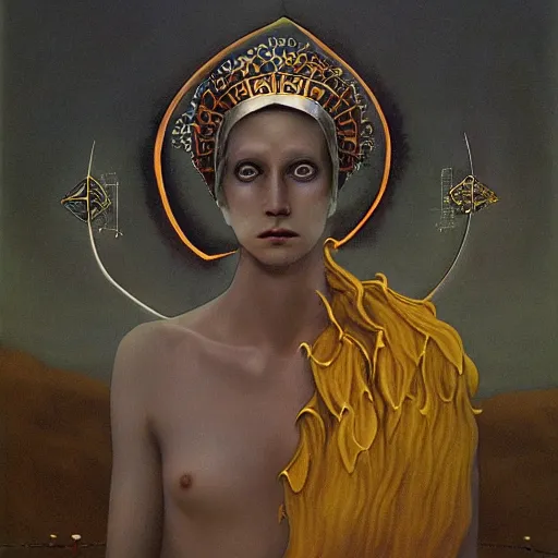 Image similar to Artemixel, the modern reincarnation of the old selenium god of hunt and moon (Selene), also known as Artemis, carrying the crown of the crescent moon. Golden bow and arrows surround her, and she is crowned by a bright and slightly bluish crescent like the brightness of the night. Portrait by Zdzislaw Beksinski, oil on canvas.