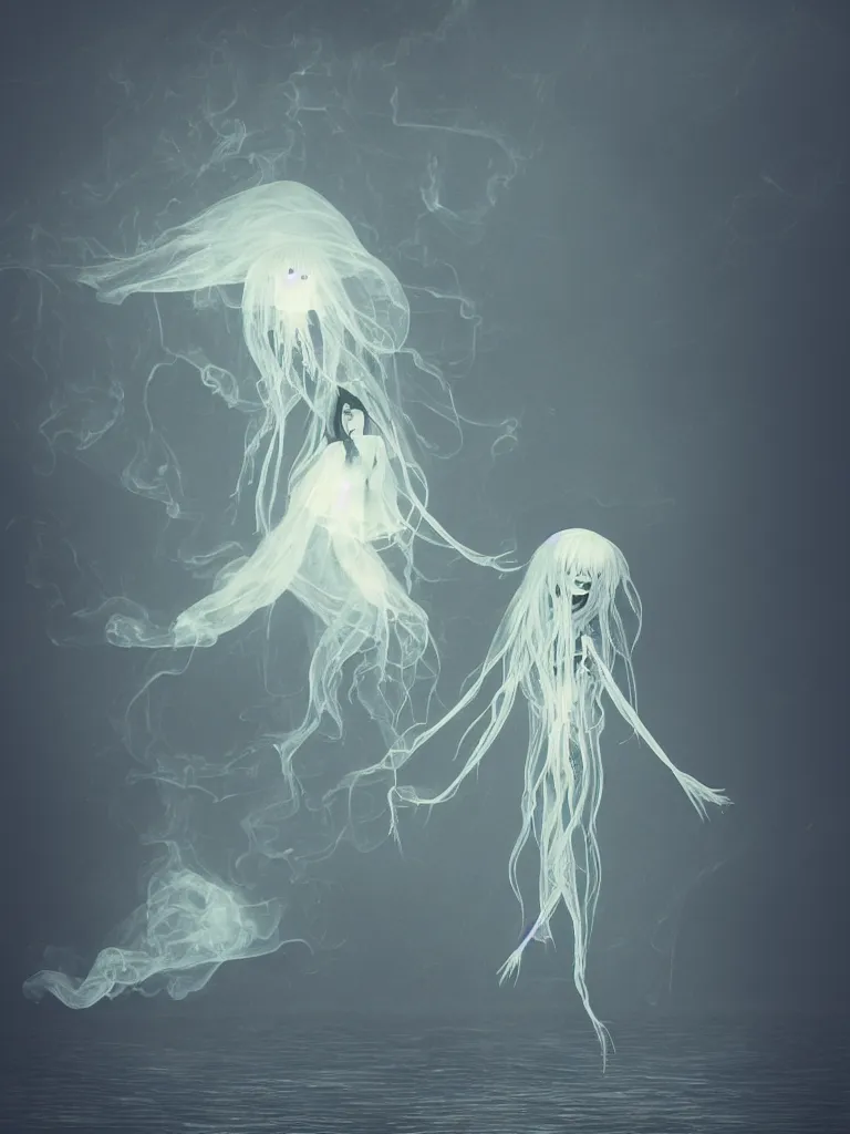 Image similar to cute fumo plush beautiful ectoplasmic gothic skeletal jellyfish ghost girl, glowing milky wisps of hazy smoke and volumetric fog on a stormy reflective river, lens flare, subsurface scattering, vignette, asymmetry, bokeh, refraction, vray