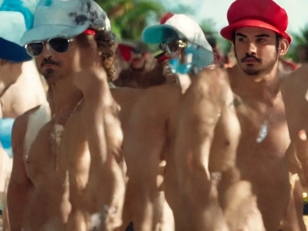 Image similar to Close up of mario in a hat in Harmony Korine Spring Breakers film aesthetic!!!