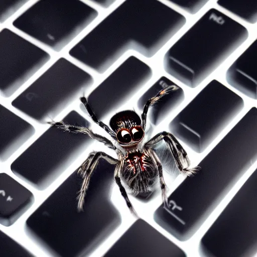 Prompt: a jumping spider pressing keyboard keys, by pixar, macro lens, iridescent, character concept art